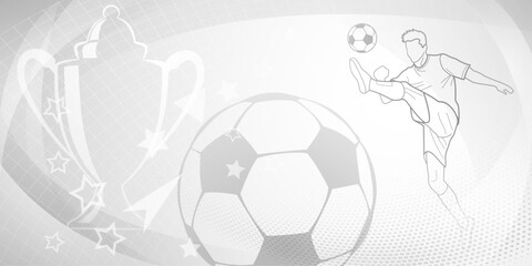 Football themed background in gray tones with abstract dots and curves, with sport symbols such as a football player, cup and ball