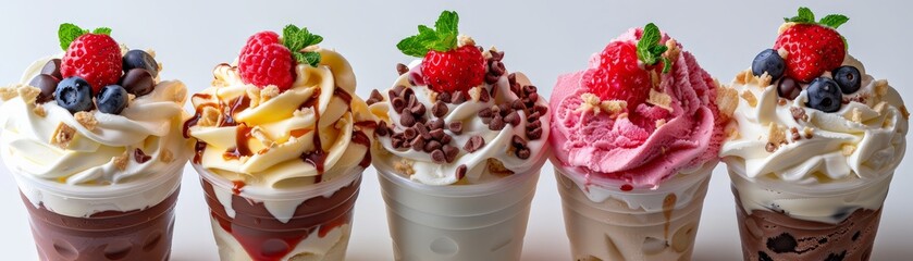A row of five different flavored ice cream cups with various toppings