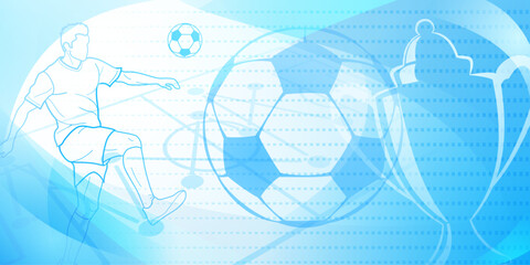 Football themed background in blue tones with abstract dots and curves, with sport symbols such as a football player, stadium, ball and cup