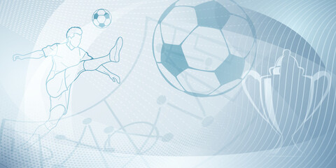 Football themed background in gray tones with abstract lines and curves, with sport symbols such as a football player, stadium, ball and cup