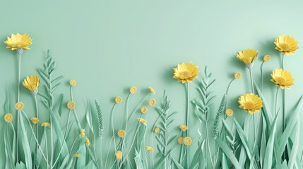 Green grass and yellow flowers on light green background minimal top view flat lay with top copy space