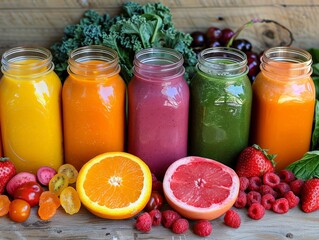 A row of colorful fruit smoothies are displayed on a wooden table