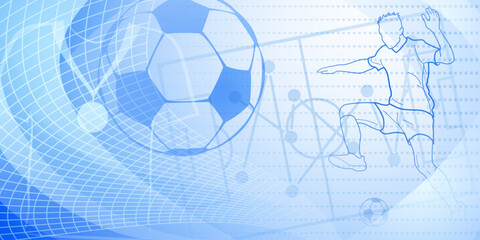 Football themed background in blue tones with abstract dotted lines, meshes and curves, with sport symbols such as a football player, stadium and ball