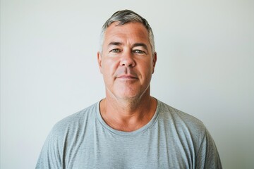 Portrait of handsome mature man with grey t-shirt looking at camera - obrazy, fototapety, plakaty