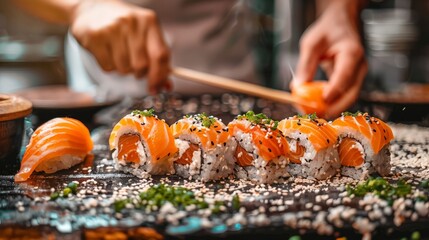 A sushi chef is preparing a plate of sushi with a black background