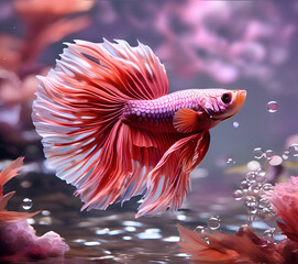 amazing bright red-lilac Betta fish male around air bubbles and flowers in nice light. close up. Ai generated - 770166815