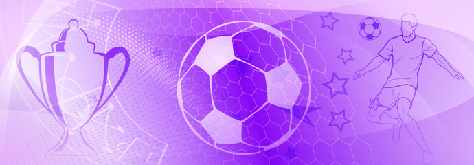 Football themed background in purple tones with abstract meshes and dots, with sport symbols such as a football player, cup and ball