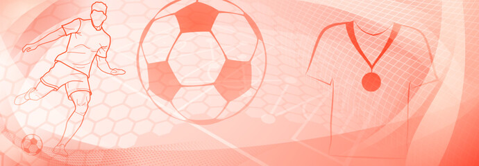 Football themed background in red tones with abstract meshes and curves, with sport symbols such as a football player and ball