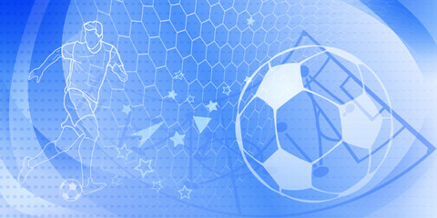 Football themed background in blue tones with abstract meshes and curves, with sport symbols such as a football player, ball and stadium