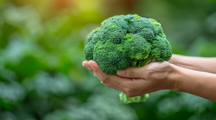 Naklejka na ściany i meble Hand holding broccoli floret on blurred background with copy space for text placement