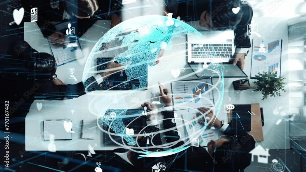 Aufkleber top down aerial view of business team making decision while looking at data analysis statistic or st