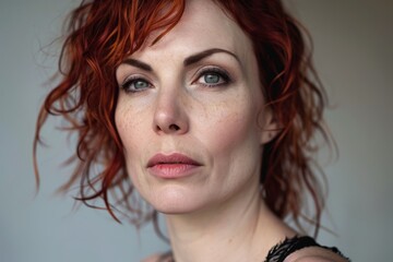 Portrait of a beautiful redhead woman with freckles on her face