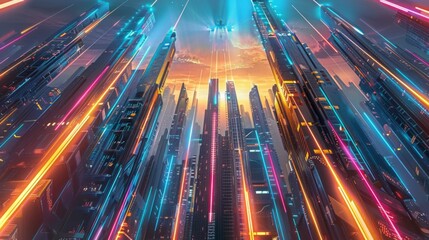 a futuristic cityscape at dusk, illuminated by radiant neon lights and beams soaring upwards towards the sky, symbolizing technological advancement and a high-tech urban environment. - obrazy, fototapety, plakaty