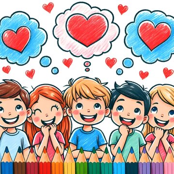 Ai Generated crayon drawing style A joyful smiling assembly of diverse children friends from various ethnic and cultural