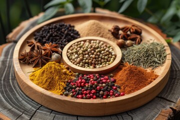 A variety of colorful spices displayed in wooden bowls on a kitchen board, ready for culinary use.
