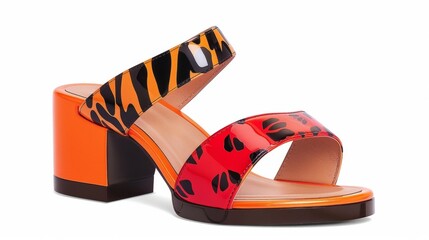 Spy sandals with a block heel and an eyecatching animal print in shades of red and orange.