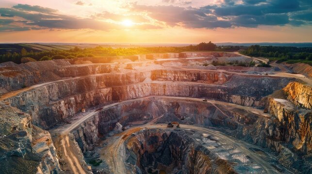 The warm glow of the setting sun bathes an open-pit mine, where heavy machinery continues its excavation work amidst the vast landscape.
