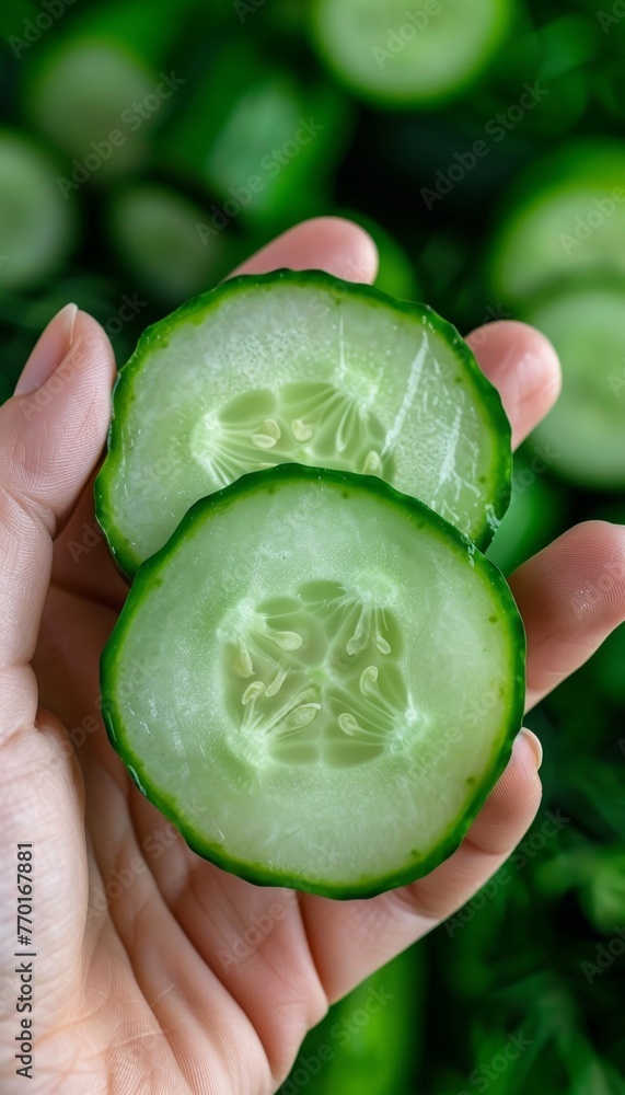 Poster fresh cucumber held in hand, selection of cucumbers on blurred background with copy space