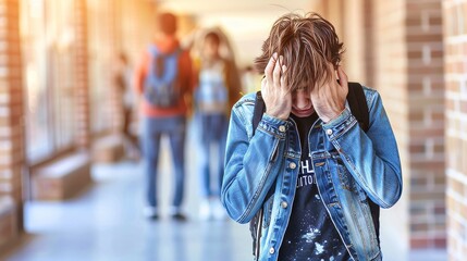 Distressed teen boy hides face in school corridor, emotional struggle, copy space available - obrazy, fototapety, plakaty