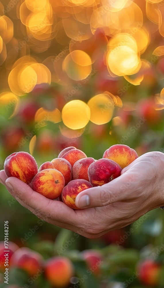 Poster fresh nectarine held in hand against blurred background with copy space for text placement