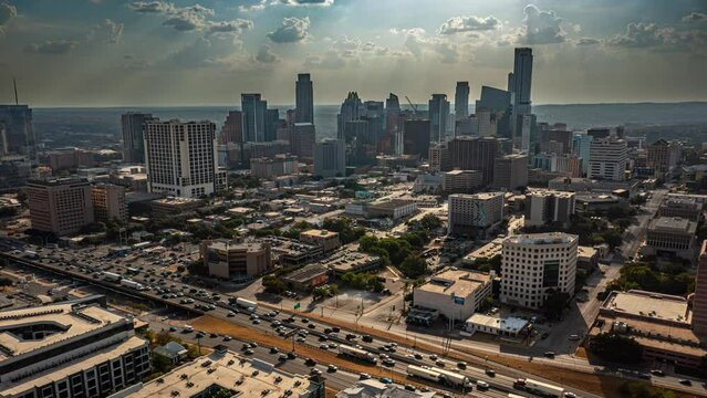 Aerial Timelapse Along the I-35 Highway of Downtown Austin’s Skyscrapers (Downsampled from 6K to DCI-4K)