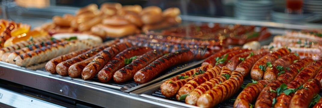 Succulent barbecue feast with golden sausages and delicious ingredients on a neatly set table