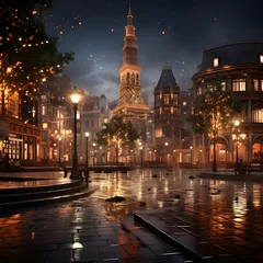 Poster Amsterdam city at night with fog and lights, Holland, Netherlands © Iman