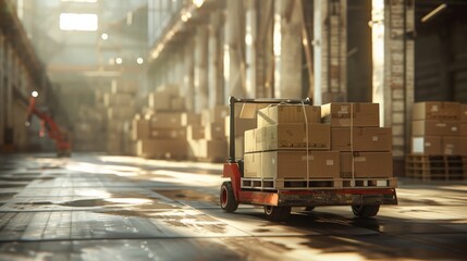 A forklift is driving down a warehouse aisle with boxes stacked on its platform