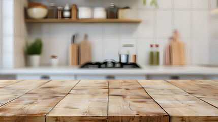 A kitchen with a wooden table and a view of the counter