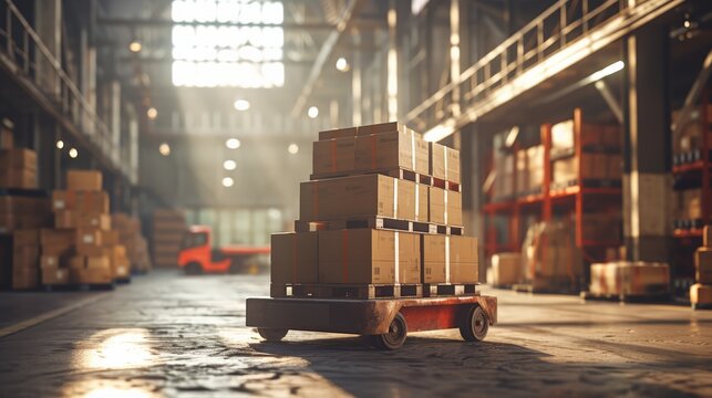 A pallet truck is in a warehouse with boxes stacked on top of it