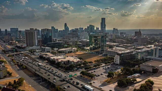 Aerial Timelapse Going into Downtown Austin, Texas with a View of the Skyline and Traffic (Downsampled from 6K to DCI-4K)