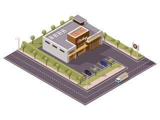 Isometric Bakery Shop with Car Parking Along Transport Street Background.
