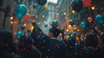 Confetti and balloons raining on graduates, celebration of academic successe3