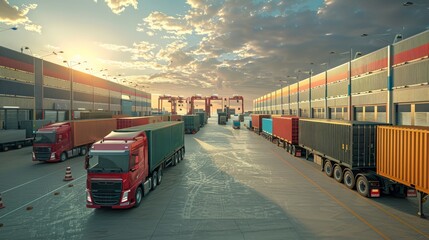 A large number of trucks are parked in a lot, with some of them being red