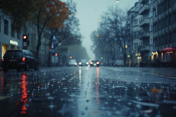 Rainy day with empty city street.