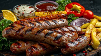 Delicious bbq dinner spread with grilled sausages on table, clean and tidy scene, realistic style - obrazy, fototapety, plakaty