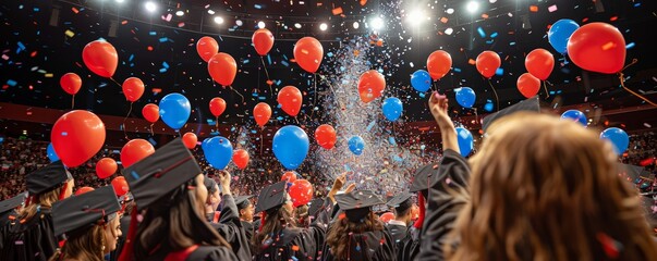 Graduation balloons and confetti in the air, festive end to ceremonies 