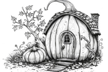 A black and white drawing of a fairy house in a pumpkin.