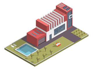 Isometric building with swimming pool and dining table along garden yard background.