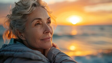 A woman with a smile on her face is looking out at the ocean