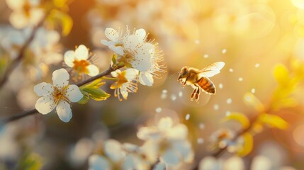 Flying honey bee collecting pollen from tree blossom. Bee in flight over spring background. - obrazy, fototapety, plakaty