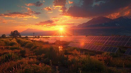 Solar panels array at sunset, symbolizing renewable energy advancements, with a majestic mountain backdrop