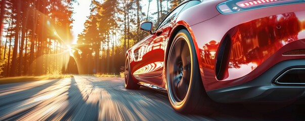 A red sports car is speeding down a road with the sun shining on it - obrazy, fototapety, plakaty