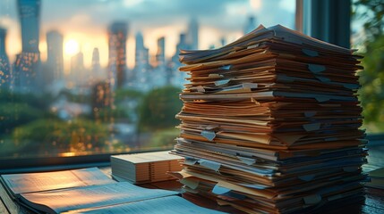 A stack of papers on a desk with a view of the city skyline in the background
