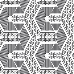 Geometric greek key meanders black and white zigzag lines, stripes, shapes seamless pattern. Vector ornamental beautiful background. Abstract contemporary ornaments. Fabric pattern. Endless texture
