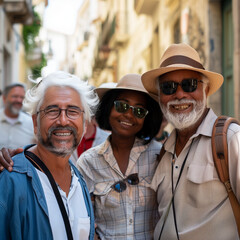 Three smiling senior friends share a joyful moment together on a vibrant city street. Generative Al - obrazy, fototapety, plakaty