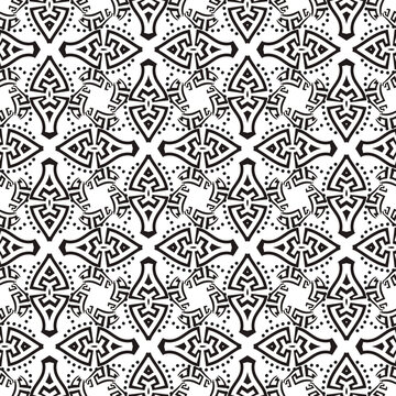 Ethnic black and white greek kaleidoscope style seamless pattern. Ornamental vector background. Abstract beautiful ornaments. Greek key meanders, dots, lines. Repeat patterned endless texture