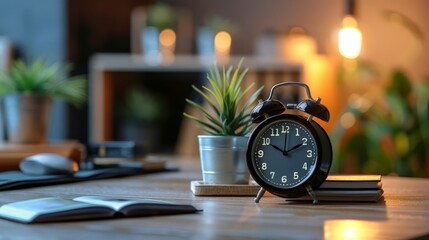 A black alarm clock sits on a table next to a potted plant
