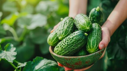 Freshly picked cucumber held in hand with selection of cucumbers on blurred background