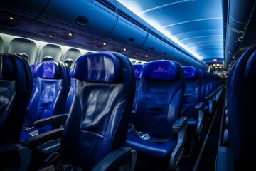 The image shows a clean and tidy airplane cabin with empty blue seats. The cabin is lit with a dim...
